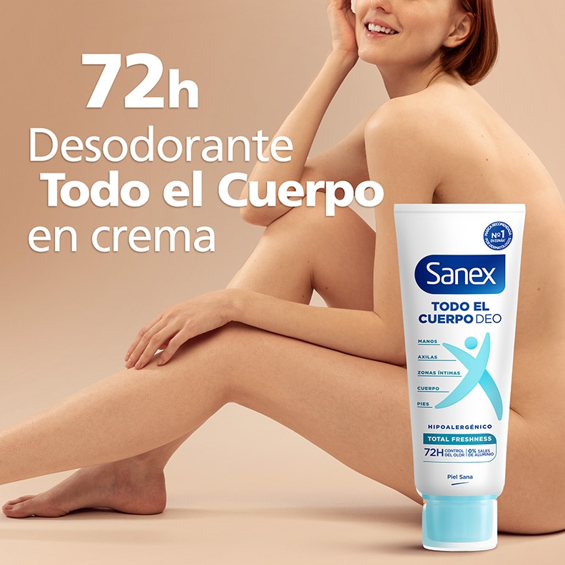 Sanex Desodorante Todo el Cuerpo en crema 72h para manos, axilas y pies en envase hipoalergénico sobre fondo beige.