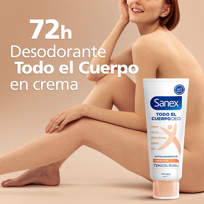 Sanex Desodorante Todo el Cuerpo en crema 72h Sensitive para piel sana, axilas y zonas íntimas sobre fondo neutro.