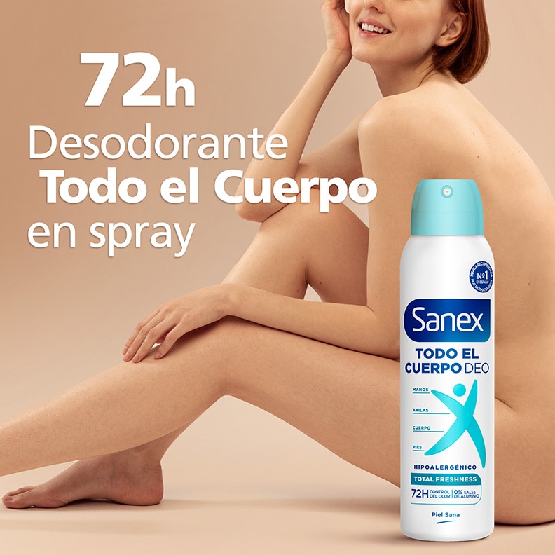 Sanex Desodorante Todo el Cuerpo en spray 72h hipoalergénico para manos, axilas y pies junto a una mujer sonriente.