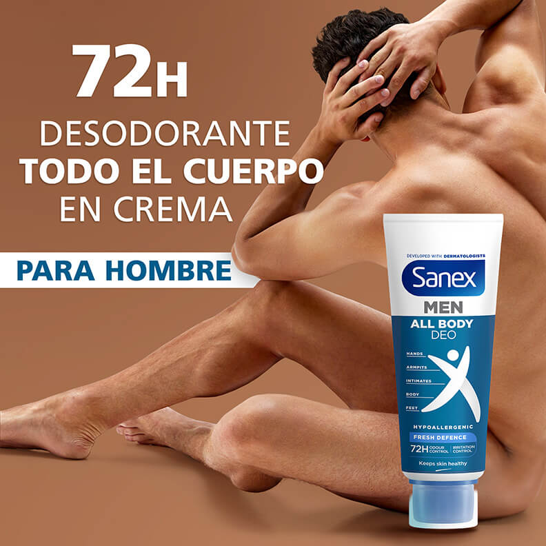 Sanex Desodorante Todo el Cuerpo en crema 72h Sensitive para piel sana, axilas y zonas íntimas sobre fondo neutro.