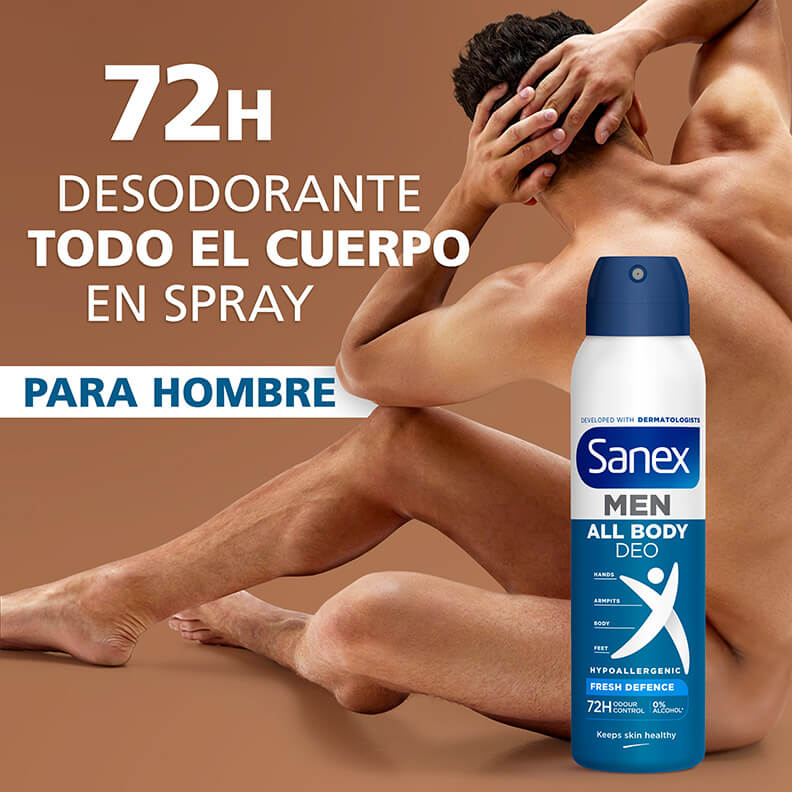 Sanex Desodorante Todo el Cuerpo en spray 72h hipoalergénico para manos, axilas y pies junto a una mujer sonriente.