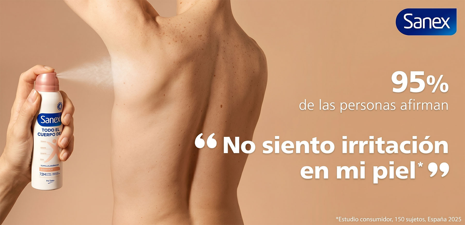 Aplicación de crema Sanex en piel oscura; el 95% afirma no sentir irritación según estudio de consumo en España.